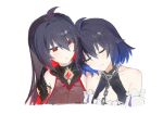  2girls ahoge bare_shoulders black_hair blue_hair chain closed_eyes detached_sleeves dress hair_between_eyes head_on_another&#039;s_shoulder highres honkai_(series) honkai_impact_3rd light_smile long_hair looking_at_another misaki_d3su multiple_girls red_eyes red_hair seele_(alter_ego) seele_vollerei seele_vollerei_(starchasm_nyx) seele_vollerei_(stygian_nymph) short_hair simple_background twitter_username upper_body white_background white_dress 