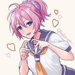  1girl aoba_(kancolle) blue_eyes blue_scrunchie hair_ornament hair_scrunchie heart heart_hands hydromoon kantai_collection looking_at_viewer messy_hair neckerchief one-hour_drawing_challenge ponytail purple_hair purple_sailor_collar sailor_collar sailor_shirt scrunchie shirt smile solo twitter_username upper_body white_shirt yellow_neckerchief 