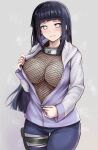  1girl areola_slip bandaged_leg bandages black_hair blue_pants blunt_bangs blush breasts closed_mouth commentary_request fishnet_top fishnets forehead_protector headband_around_neck highres hime_cut holster hyuuga_hinata jacket konohagakure_symbol large_breasts naruto_(series) naruto_shippuuden open_clothes open_jacket pants purple_jacket r-binon raised_eyebrows solo straight_hair sweatdrop thigh_holster unzipping wavy_mouth white_eyes zipper zipper_pull_tab 