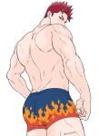  1boy aged_down blue_eyes boku_no_hero_academia dimples_of_venus endeavor_(boku_no_hero_academia) flame_print from_behind looking_at_viewer looking_back male_focus muscular muscular_male red_hair shiroshiro69 simple_background spiked_hair topless_male twitter_username underwear white_background 