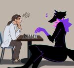  alien anthro black_body black_fur chess clothed clothing duo female fur hi_res human kemokin_mania male mammal musical_note neck_tuft nude purple_body purple_fur purple_sclera size_difference tail tuft 