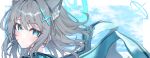  1girl animal_ear_fluff animal_ears blue_archive blue_eyes blue_halo blue_scarf blue_sky blush border close-up cloud cloudy_sky commentary cross_hair_ornament extra_ears grey_hair ha_en hair_ornament halo highres looking_at_viewer medium_hair mismatched_pupils parted_lips scarf shiroko_(blue_archive) sky solo white_border wolf_ears 