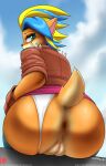  activision anthro anus bandicoot blonde_hair blue_hair bottomwear butt clothed clothing clothing_aside clothing_lift crash_bandicoot_(series) female fur genitals gloves hair handwear hi_res jacket john_joseco leather leather_clothing leather_jacket leather_topwear looking_at_viewer looking_back looking_back_at_viewer mammal marsupial multicolored_hair orange_body orange_fur panties panties_aside pussy raised_bottomwear raised_clothing raised_skirt skirt skirt_lift solo tawna_bandicoot teal_eyes topwear two_tone_hair underwear underwear_aside 