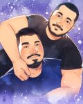  2boys bara beard blush buzz_cut commission couple daisukebear facial_hair feeling_facial_hair highres light_smile looking_at_viewer male_focus mature_male multiple_boys muscular muscular_male original pectorals purple_background realistic receding_hairline shirt short_hair sideburns smile t-shirt thick_eyebrows thick_mustache upper_body very_short_hair yaoi 