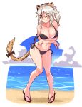  1girl :3 animal_ears beach bikini black_bikini black_footwear black_ribbon blue_sky breast_hold breasts cat_ears cat_tail cleavage closed_mouth cloud cloudy_sky commentary commission cougar_(cougar1404) cowboy_shot day grey_hair halterneck horizon large_breasts leaning_forward legs looking_at_viewer medium_hair navel ocean orange_eyes original outdoors outside_border ribbon sandals side-tie_bikini_bottom skeb_commission sky smile solo standing strap_slip swimsuit tail tail_ornament tail_ribbon thick_eyebrows tiptoes toes yellow_eyes 