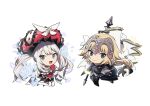  2girls armor blonde_hair bow braid chibi dress fate/apocrypha fate/grand_order fate_(series) faulds flower frilled_headwear gauntlets gloves grey_eyes grey_flower grey_hair grey_rose hat hat_bow headpiece highres holding jeanne_d&#039;arc_(fate) jeanne_d&#039;arc_(ruler)_(fate) long_hair marie_antoinette_(fate) multiple_girls no-kan open_mouth plackart red_gloves red_headwear sleeveless sleeveless_dress smile standard_bearer thighhighs twintails white_flower white_thighhighs 