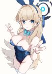  1girl :o absurdres animal_ears aqua_bow aqua_bowtie bare_shoulders blonde_hair blue_archive blue_bow blue_eyes blue_hair blue_leotard bow bowtie breasts cleavage detached_collar double_v fake_animal_ears hair_bow headset highleg highleg_leotard highres leotard long_hair looking_at_viewer medium_breasts multicolored_hair official_alternate_costume rabbit_ears revision solo thighhighs thighs toki_(blue_archive) toki_(bunny)_(blue_archive) two-tone_hair v white_thighhighs zonzu 