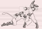  2023 absurd_res anthro ballboxing balls balls_outline boxing boxing_gloves bulge clothed clothing cock_sheath dcheese detailed_bulge digital_media_(artwork) duo erection erection_under_clothing fight fighting_ring generation_1_pokemon genital_outline genitals handwear hi_res imminent_cbt leather leather_clothing leather_headgear legendary_pokemon levitation male male/male mew_(pokemon) monochrome nintendo open_mouth penis_clothing penis_outline pikachu pokemon pokemon_(species) sport thong tremble_spikes underwear 