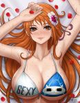  1girl bikini bikini_top_only breasts brown_eyes cleavage flower hair_flower hair_ornament huge_breasts kyopink large_breasts long_hair lying nami_(one_piece) on_back one_piece one_piece_film:_gold orange_hair petals shoulder_tattoo smile solo swimsuit tattoo water wet 