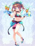  1girl aqua_bikini aqua_nails bikini blue_eyes breasts brown_bikini brown_hair brown_scrunchies chain_paradox cup dennryuurai drinking_straw energy_wings food full_body hair_ornament highres holding holding_tray ice_cream looking_at_viewer medium_hair mitoma_mao navel sandals small_breasts smile solo solos standing swimsuit tanding thigh_scrunchie tray two-tone_bikini two_side_up wings 