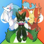  :d blue_background blue_eyes closed_mouth commentary_request delphox fangs fire green_background half-closed_eyes hands_up highres holding holding_stick knees_up long_sleeves looking_at_viewer mameshiba_(pixiv_59310) meowscarada own_hands_together pokemon pokemon_(creature) primarina purple_eyes red_background red_eyes sitting smile star_(symbol) stick wide_sleeves 