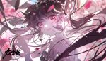  1girl absurdres arm_up artist_request blue_sky blush cherry_blossoms douluo_dalu falling_petals floating_hair from_side highres long_hair parted_lips petals pink_eyes ponytail second-party_source sky solo teeth upper_body v wide-eyed xiao_wu_(douluo_dalu) 