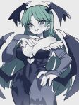  1girl animal_print bat_print black_leotard blush breasts cleavage collarbone demon_girl demon_tail demon_wings green_hair head_wings large_breasts leotard long_hair looking_at_viewer morrigan_aensland open_mouth pantyhose partially_colored slammo smile solo tail vampire_(game) wings 