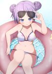  1girl :o adjusting_eyewear bare_arms bare_shoulders bikini blue_eyes breasts chestnut_mouth cleavage double_bun eyes_visible_through_hair hair_bun hair_ribbon hair_up hand_up highres hiiragi_kagami innertube light_purple_hair looking_at_viewer lucky_star medium_breasts navel nicomi-chan open_mouth pink_innertube print_bikini red_innertube ribbon short_hair side-tie_bikini_bottom solo star_(symbol) star_print sunglasses swimsuit v-shaped_eyebrows water white_ribbon 