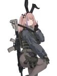  1girl animal_ears ar-15 ass black_leotard black_pantyhose blue_eyes blue_jacket bulletproof_vest fake_animal_ears from_side girls&#039;_frontline glock gun handgun highres jacket leotard mutugorou_u pantyhose pink_hair playboy_bunny rifle solo st_ar-15_(girls&#039;_frontline) tactical_clothes thighs weapon 