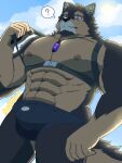 1boy ? abs alternate_costume animal_ears bara blue_male_swimwear brown_fur bulge chest_belt cloud cloudy_sky dog_boy dog_ears facial_hair feet_out_of_frame from_below furry furry_male goatee harness_pull highres jewelry large_pectorals live_a_hero looking_at_viewer male_focus male_swimwear mallards muscular muscular_male navel necklace nipples pectorals pubraseer_(live_a_hero) pulled_by_self short_hair sky solo spoken_question_mark stomach swim_briefs thick_eyebrows thick_thighs thighs topless_male two-tone_fur underbust 