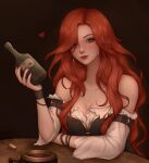  1girl artelsia artist_name bare_shoulders bottle breasts brown_background cleavage closed_mouth gradient_background hand_up heart highres holding holding_bottle large_breasts league_of_legends long_hair miss_fortune_(league_of_legends) no_headwear off_shoulder red_hair shirt smile solo table white_shirt 