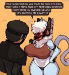  absurd_res anthro big_breasts biped black_hair blue_body blue_fur breasts claweddrip clothed clothing dialogue duo english_text female fur hair hi_res human machine male mammal panties protogen text underwear white_body white_fur 