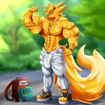  abs anthro backpack biceps big_bulge big_muscles blonde_hair blurred_background bottomwear bracelet bulge canid canine clothed clothing dog_tags fennec flexing footwear fox fur hair hi_res huge_muscles jewelry lgbt_pride looking_at_viewer male mammal muscular muscular_anthro muscular_male necklace pants partially_clothed pecs plant pride_color_flag pride_colors purple_eyes shoes solo standing sweatpants taiko-sihori tail tree vein veiny_muscles yellow_body yellow_fur 
