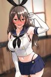  1girl alternate_costume ashigara_(kancolle) black_hairband black_neckerchief black_panties blue_sailor_collar blue_skirt blush breasts brown_eyes brown_hair cosplay crop_top day elbow_gloves furaggu_(frag_0416) gloves hairband highleg highleg_panties highres indoors kantai_collection large_breasts long_hair looking_at_viewer microskirt navel neckerchief open_mouth panties sailor_collar shimakaze_(kancolle) shimakaze_(kancolle)_(cosplay) skirt smile solo striped thighhighs underwear wavy_hair white_gloves window 