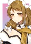  breasts brown_eyes brown_hair cleavage commentary_request fire_emblem fire_emblem_engage gloves goldmary_(fire_emblem) grin hair_ribbon large_breasts long_hair looking_at_viewer ribbon siesta_festival smile upper_body white_gloves white_ribbon 