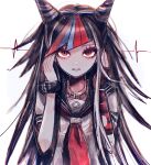  1girl black_hair black_nails black_sailor_collar black_scrunchie blue_hair danganronpa_(series) danganronpa_2:_goodbye_despair gloves hair_horns hands_up highres jewelry long_hair mioda_ibuki mouth_piercing multicolored_hair nail_polish naruse_(nal1525) neckerchief necklace pink_eyes red_eyes red_gloves red_hair red_neckerchief sailor_collar school_uniform scrunchie serafuku short_sleeves smile solo upper_body white_background white_hair wrist_scrunchie 