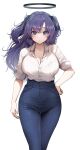  1girl absurdres alternate_costume black_bra blue_archive blush bra bra_visible_through_clothes breasts cleavage collarbone denim doyoon_7 feet_out_of_frame halo hand_on_own_hip high-waist_pants highres jeans large_breasts long_hair looking_at_viewer open_collar pants purple_eyes purple_hair see-through shirt shirt_tucked_in simple_background sleeves_rolled_up solo two_side_up underwear very_long_hair white_background white_shirt yuuka_(blue_archive) 