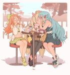  3girls abs absurdres bare_shoulders black_pantyhose blonde_hair blue_hair blush bow braid butterfly_hair_ornament celine_(fire_emblem) chloe_(fire_emblem) closed_eyes crown cup dress drinking earrings etie_(fire_emblem) fire_emblem fire_emblem_engage flower food hair_bow hair_flower hair_ornament highres holding holding_cup jewelry kiss long_hair midriff multiple_girls navel orange_hair outdoors pantyhose sgtthundersmack shorts shorts_under_skirt sitting skirt sleeveless sleeveless_dress spilling table tea teacup tentacles very_long_hair yuri 
