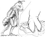  2020 2_toes 3_fingers antennae_(anatomy) anthro arthropod bee bodily_fluids compound_eyes crater crush cutaway dated destruction digital_drawing_(artwork) digital_media_(artwork) extreme_size_difference feet female fingers foot_crush foot_focus full-length_portrait giga hymenopteran insect landscape_dwarfing larger_anthro larger_female macro micro mountain mountain_range nude portrait shadowhide signature simple_background size_difference sketch solo stinger sweat sweatdrop toes walking wings 