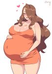  1girl artist_name big_belly blush breasts brown_hair cleavage closed_mouth dress green_eyes hair_over_one_eye heart large_breasts lips lipstick long_hair makeup mature_female nose_blush orange_dress original outie_navel pregnant simple_background smile standing white_background zheng 