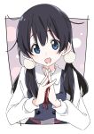  1girl black_hair blue_eyes candy_hair_ornament commentary food-themed_hair_ornament hair_ornament ixy kitashirakawa_tamako long_hair long_sleeves low_twintails neck_ribbon red_ribbon ribbon school_uniform solo tamako_market twintails upper_body 