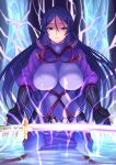  1girl bodysuit breasts electricity fate/grand_order fate_(series) highres japanese_clothes katana kikyouta large_breasts long_hair minamoto_no_raikou_(fate) parted_bangs purple_bodysuit purple_eyes purple_hair sword water weapon 