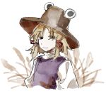  1girl aaayamitsu blonde_hair brown_headwear chinese_commentary closed_mouth commentary_request flat_chest frog_hat grey_eyes hat highres long_sleeves medium_hair moriya_suwako purple_vest shirt sketch smile solo touhou upper_body vest white_shirt 