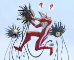  1boy ? artist_name blue_sky bodysuit color_timer full_body gurihiru highres holding male_focus red_bodysuit sky superhero tokusatsu ultra_series ultraman_max ultraman_max_(series) yellow_eyes 