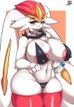  2023 absurd_res anthro areola big_breasts black_bra black_clothing black_thong black_underwear blush bra breasts camel_toe clothing collar eyelashes female fingers gigantamax_cinderace gigantamax_pokemon hi_res holding_object kyodashiro looking_at_viewer nintendo nipple_outline pokemon pokemon_(species) simple_background solo thick_thighs thong underwear 