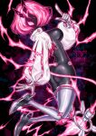  1girl ass black_bodysuit bodysuit breasts character_name duel_monster electricity enmoenmo highres jacket legs_up looking_at_viewer looking_back medium_breasts pink_hair shoes short_hair solo spright_carrot thighhighs white_thighhighs yu-gi-oh! 