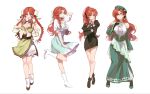  1girl alternate_costume bloomers blue_bow blue_dress blue_eyes bow braid china_dress chinese_clothes dress formal green_dress highres hong_meiling looking_at_viewer multiple_views red_hair sarukana solo touhou twin_braids underwear white_background white_bloomers yellow_star 