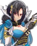  armor asymmetrical_bangs asymmetrical_clothes breasts cape cleavage cleavage_cutout clothing_cutout fire_emblem fire_emblem_engage frown fur_trim gloves highres holding holding_polearm holding_weapon jewelry large_breasts necklace nel_(fire_emblem) novembertimex parted_bangs polearm portrait red_eyes serious simple_background upper_body weapon 