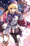  1girl absurdres artoria_caster_(fate) artoria_caster_(second_ascension)_(fate) artoria_pendragon_(fate) belt black_gloves black_pantyhose blonde_hair blue_belt blue_capelet blue_headwear buttons capelet double-breasted dress dual_wielding ebora english_commentary falling_petals fate/grand_order fate_(series) gloves green_eyes hair_between_eyes hat highres holding holding_staff hood hooded_capelet layered_dress long_hair long_sleeves looking_at_viewer o-ring o-ring_belt pantyhose petals polearm simple_background smile solo staff standing standing_on_one_leg striped_belt twintails weapon white_dress 