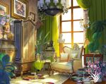  artist_logo book book_stack bust_(sculpture) chair chandelier curtains cushion deer_head flower indoors no_humans original painting_(object) pink_flower plant scenery table taxidermy trophy_head window xingzhi_lv 