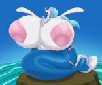  absurd_res anthro areola ber00 big_breasts blue_body blue_hair breasts eyes_closed female generation_7_pokemon hair hi_res huge_breasts hyper hyper_breasts multicolored_body nintendo open_mouth pink_areola pink_nose pokemon pokemon_(species) primarina rock seashell_pasties sitting solo two_tone_body water white_body 