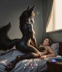  &lt;3 anthro bed black_body black_fur black_hair bone breasts claws duo fangs female female_on_human fluffy fluffy_tail fur furniture hair hi_res human human_on_anthro interspecies kettter lying male male/female male_on_anthro malo mammal on_back on_bed pawpads scp-1471-a scp_foundation shirtless skull skull_head tail teeth toe_claws 