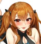  1girl :p armpit_crease bad_id bare_shoulders black_bow black_dress blush bow breasts brown_eyes brown_hair cleavage cleavage_cutout clothing_cutout dress eyelashes girls&#039;_frontline hair_between_eyes hair_bow highres jai_(whany1998) looking_at_viewer lying official_alternate_costume on_stomach scar scar_across_eye scar_on_face simple_background sleeveless sleeveless_dress smile solo tongue tongue_out twintails ump9_(girls&#039;_frontline) ump9_(the_world&#039;s_melody)_(girls&#039;_frontline) white_background 