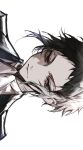  1boy akutagawa_ryuunosuke_(bungou_stray_dogs) ascot black_eyes black_hair black_jacket bungou_stray_dogs closed_mouth expressionless highres jacket looking_at_viewer mafia portrait short_hair simple_background solo white_ascot white_background ya_ta 