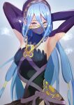  1girl armpit_focus armpits arms_behind_head azura_(fire_emblem) azura_(performing_arts)_(fire_emblem) black_dress black_panties black_sleeves blue_hair blush breasts closed_mouth clothing_cutout commentary_request detached_collar detached_sleeves dress fire_emblem fire_emblem_fates fire_emblem_heroes gold_trim hair_between_eyes hair_tubes headdress highres long_hair looking_at_viewer medium_breasts mouth_veil official_alternate_costume panties partial_commentary solo sweat underwear user_whku4538 veil very_long_hair yellow_eyes 