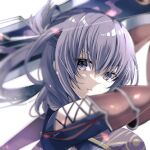  1girl ao_no_kiseki arm_guards blurry blurry_background eiyuu_densetsu hair_between_eyes half_updo holding holding_sword holding_weapon huge_weapon looking_at_viewer natsusechoco portrait purple_eyes purple_hair rixia_mao simple_background solo sword weapon white_background zero_no_kiseki 
