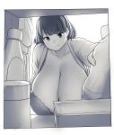  1girl absurdres bottle breasts closed_mouth erkaz grabbing greyscale highres huge_breasts long_sleeves monochrome original refrigerator_interior rina_atherina short_hair smile solo veins veiny_breasts white_background 