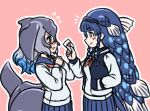  2girls acesrulez alternate_costume blowhole blue_eyes blue_hair blue_jacket blue_skirt blue_whale_(kemono_friends) blunt_bangs blush braid cetacean_tail coelacanth_(kemono_friends) dorsal_fin fins fish_girl fish_tail glasses grey_hair hand_in_pocket head_fins jacket kemono_friends letterman_jacket long_hair looking_at_another love_letter multicolored_clothes multicolored_hair multicolored_jacket multiple_girls neckerchief pleated_skirt red_neckerchief sailor_collar scales school_uniform short_hair sidelocks skirt sweater tail twin_braids two-tone_jacket whale_girl white_jacket white_sweater 
