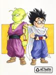  2boys a24wks adjusting_belt antennae black_eyes black_hair cape colored_skin commentary_request dougi dragon_ball dragon_ball_super dragon_ball_super_super_hero glasses green_skin highres large_pectorals male_focus marker_(medium) multiple_boys muscular muscular_male official_style pectorals piccolo pointy_ears potential_unleashed shoulder_pads signature smile son_gohan toriyama_akira_(style) traditional_media white_cape 