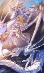  1girl armlet artist_name blonde_hair blue_background blue_eyes blue_sky braid bridal_gauntlets commission dragon dragon_riding dress full_body highres hogara jewelry long_hair looking_to_the_side original side_slit sitting skeb_commission sky sleeveless solo twin_braids white_dress wyvern 